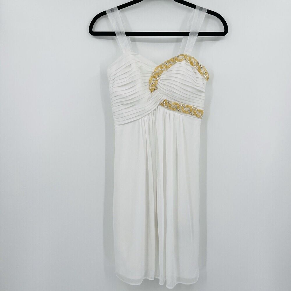 Blondie Nites Womens Dress Size 5/ Small Ivory Gold Beaded Chiffon Pleated Mini